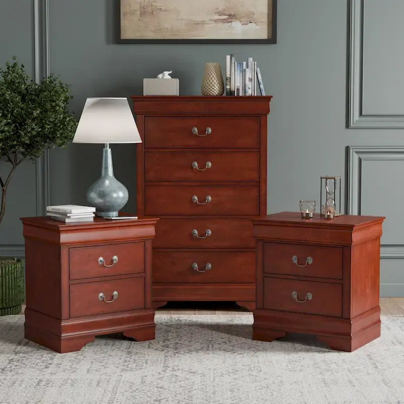 Ensemble table de nuit et commode 3 pièces en bois massif Devi traditionnel de Furniture of America