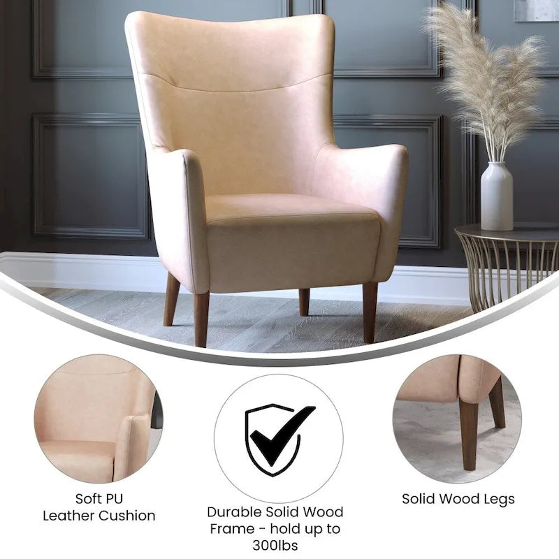 Fauteuil d'appoint commercial à oreilles, rembourré, avec cadre et pieds en bois - 33,25P x 29,75L x 41,25H