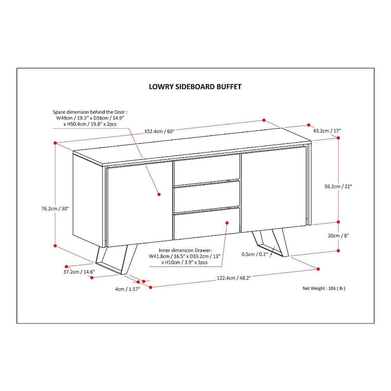 WYNDENHALL Mitchell Buffet industriel moderne rectangulaire en métal de 60 po de large en BOIS DE CHÊNE - 60 x 17 x 30