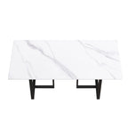 Table à manger en marbre blanc 71 po pour 6 à 8 personnes, plateau rectangulaire et pieds triangulaires en acier au carbone