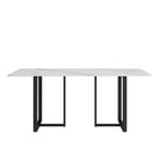 Table à manger en marbre blanc 71 po pour 6 à 8 personnes, plateau rectangulaire et pieds triangulaires en acier au carbone