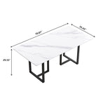 Table à manger en marbre blanc 71 po pour 6 à 8 personnes, plateau rectangulaire et pieds triangulaires en acier au carbone