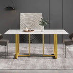 Table à manger en marbre blanc 71 po pour 6 à 8 personnes, plateau rectangulaire et pieds triangulaires en acier au carbone