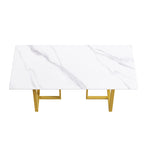 Table à manger en marbre blanc 71 po pour 6 à 8 personnes, plateau rectangulaire et pieds triangulaires en acier au carbone