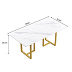 Table à manger en marbre blanc 71 po pour 6 à 8 personnes, plateau rectangulaire et pieds triangulaires en acier au carbone