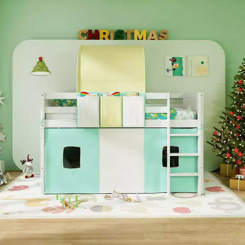 Lit mezzanine jumeau Costway avec tour et tente, 3 poches de rangement, barrière de sécurité et échelle Turquoise/Marine