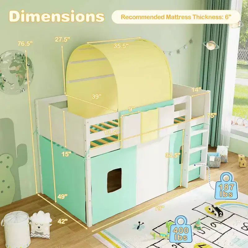 Lit mezzanine jumeau Costway avec tour et tente, 3 poches de rangement, barrière de sécurité et échelle Turquoise/Marine