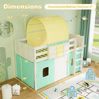 Lit mezzanine jumeau Costway avec tour et tente, 3 poches de rangement, barrière de sécurité et échelle Turquoise/Marine