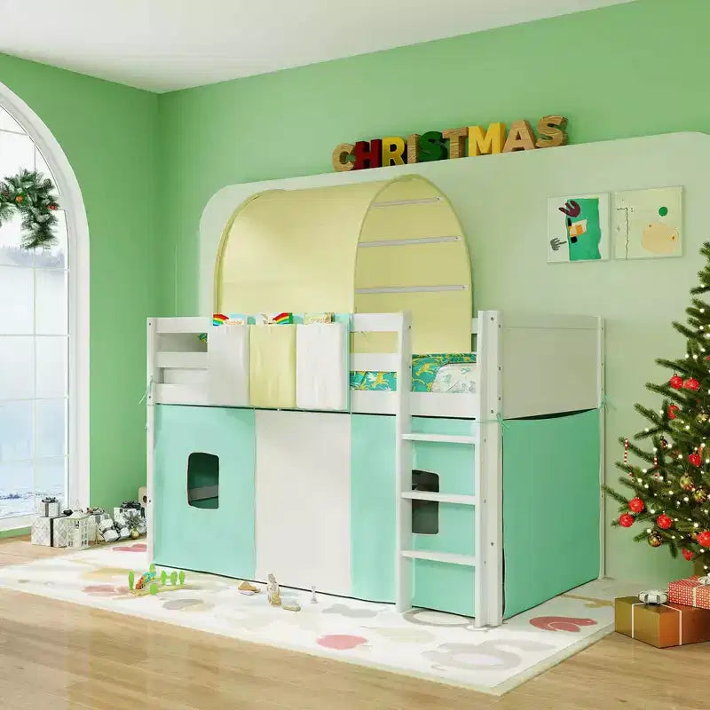 Lit mezzanine jumeau Costway avec tour et tente, 3 poches de rangement, barrière de sécurité et échelle Turquoise/Marine