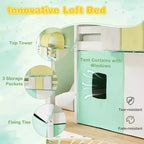 Lit mezzanine jumeau Costway avec tour et tente, 3 poches de rangement, barrière de sécurité et échelle Turquoise/Marine