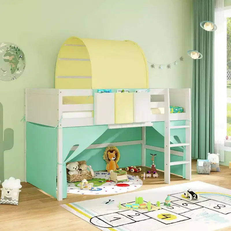 Lit mezzanine jumeau Costway avec tour et tente, 3 poches de rangement, barrière de sécurité et échelle Turquoise/Marine