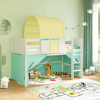 Lit mezzanine jumeau Costway avec tour et tente, 3 poches de rangement, barrière de sécurité et échelle Turquoise/Marine