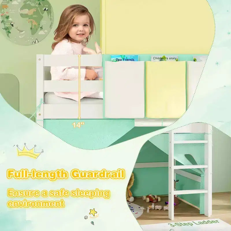 Lit mezzanine jumeau Costway avec tour et tente, 3 poches de rangement, barrière de sécurité et échelle Turquoise/Marine