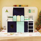 Lit mezzanine jumeau Costway avec tour et tente, 3 poches de rangement, barrière de sécurité et échelle Turquoise/Marine