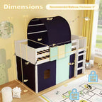 Lit mezzanine jumeau Costway avec tour et tente, 3 poches de rangement, barrière de sécurité et échelle Turquoise/Marine