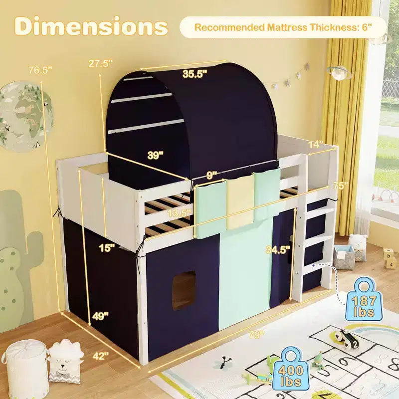 Lit mezzanine jumeau Costway avec tour et tente, 3 poches de rangement, barrière de sécurité et échelle Turquoise/Marine