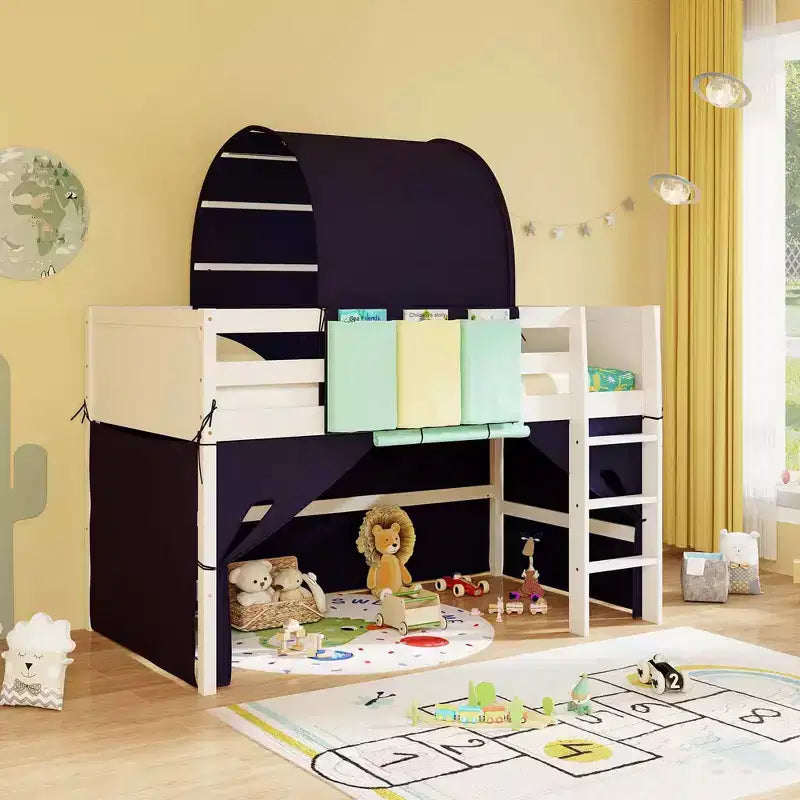 Lit mezzanine jumeau Costway avec tour et tente, 3 poches de rangement, barrière de sécurité et échelle Turquoise/Marine