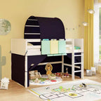 Lit mezzanine jumeau Costway avec tour et tente, 3 poches de rangement, barrière de sécurité et échelle Turquoise/Marine
