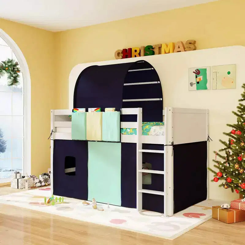 Lit mezzanine jumeau Costway avec tour et tente, 3 poches de rangement, barrière de sécurité et échelle Turquoise/Marine