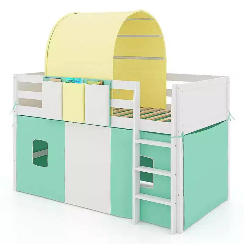 Lit mezzanine jumeau Costway avec tour et tente, 3 poches de rangement, barrière de sécurité et échelle Turquoise/Marine