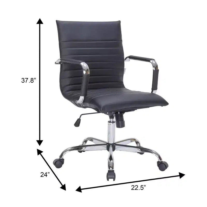Chaise de bureau LeisureMod Harris dossier mi-hauteur, revêtement en cuir avec pivot, inclinaison et base chromée, siège de bureau moderne pour bureau à domicile ou salle de conférence