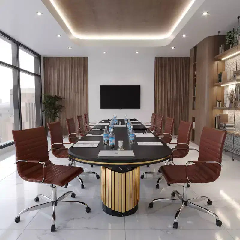 Chaise de bureau LeisureMod Harris dossier mi-hauteur, revêtement en cuir avec pivot, inclinaison et base chromée, siège de bureau moderne pour bureau à domicile ou salle de conférence