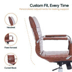 Chaise de bureau LeisureMod Harris dossier mi-hauteur, revêtement en cuir avec pivot, inclinaison et base chromée, siège de bureau moderne pour bureau à domicile ou salle de conférence