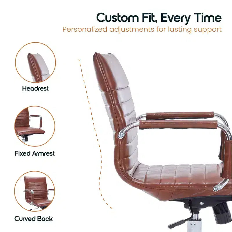 Chaise de bureau LeisureMod Harris dossier mi-hauteur, revêtement en cuir avec pivot, inclinaison et base chromée, siège de bureau moderne pour bureau à domicile ou salle de conférence