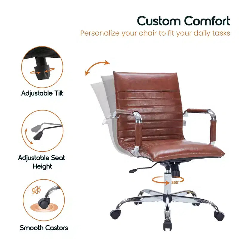 Chaise de bureau LeisureMod Harris dossier mi-hauteur, revêtement en cuir avec pivot, inclinaison et base chromée, siège de bureau moderne pour bureau à domicile ou salle de conférence