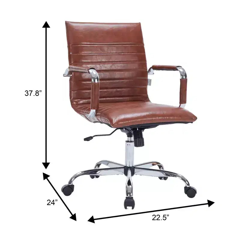 Chaise de bureau LeisureMod Harris dossier mi-hauteur, revêtement en cuir avec pivot, inclinaison et base chromée, siège de bureau moderne pour bureau à domicile ou salle de conférence