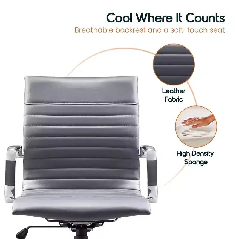 Chaise de bureau LeisureMod Harris dossier mi-hauteur, revêtement en cuir avec pivot, inclinaison et base chromée, siège de bureau moderne pour bureau à domicile ou salle de conférence