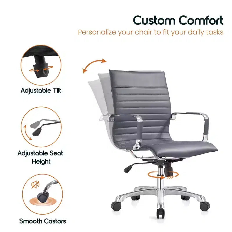 Chaise de bureau LeisureMod Harris dossier mi-hauteur, revêtement en cuir avec pivot, inclinaison et base chromée, siège de bureau moderne pour bureau à domicile ou salle de conférence