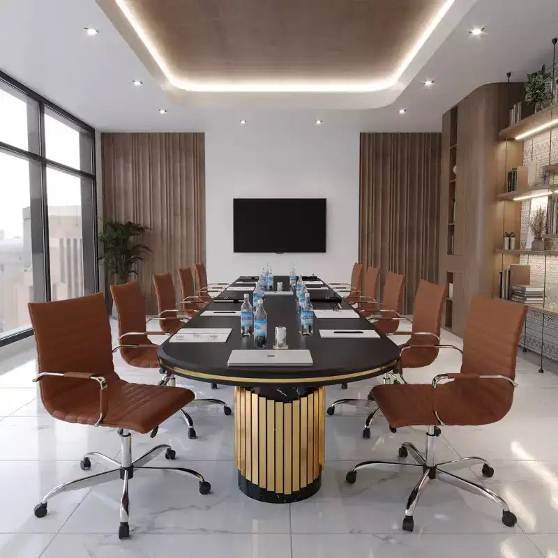 Chaise de bureau LeisureMod Harris dossier mi-hauteur, revêtement en cuir avec pivot, inclinaison et base chromée, siège de bureau moderne pour bureau à domicile ou salle de conférence