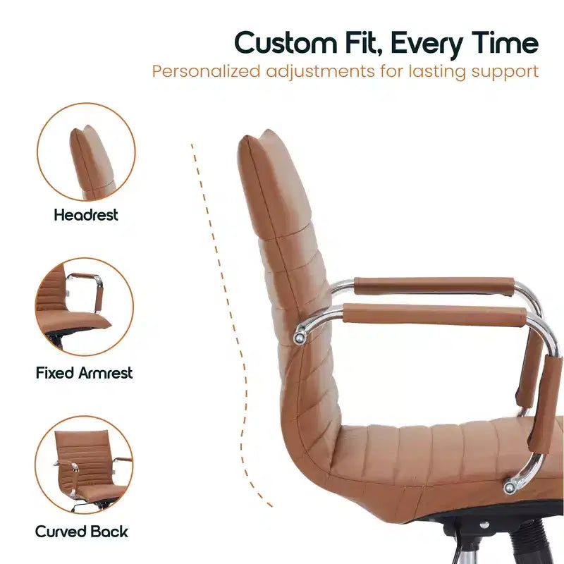 Chaise de bureau LeisureMod Harris dossier mi-hauteur, revêtement en cuir avec pivot, inclinaison et base chromée, siège de bureau moderne pour bureau à domicile ou salle de conférence
