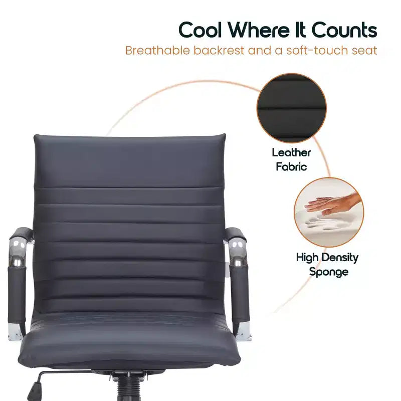 Chaise de bureau LeisureMod Harris dossier mi-hauteur, revêtement en cuir avec pivot, inclinaison et base chromée, siège de bureau moderne pour bureau à domicile ou salle de conférence