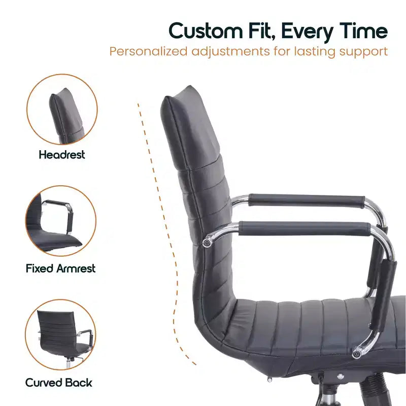 Chaise de bureau LeisureMod Harris dossier mi-hauteur, revêtement en cuir avec pivot, inclinaison et base chromée, siège de bureau moderne pour bureau à domicile ou salle de conférence