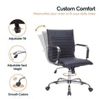 Chaise de bureau LeisureMod Harris dossier mi-hauteur, revêtement en cuir avec pivot, inclinaison et base chromée, siège de bureau moderne pour bureau à domicile ou salle de conférence