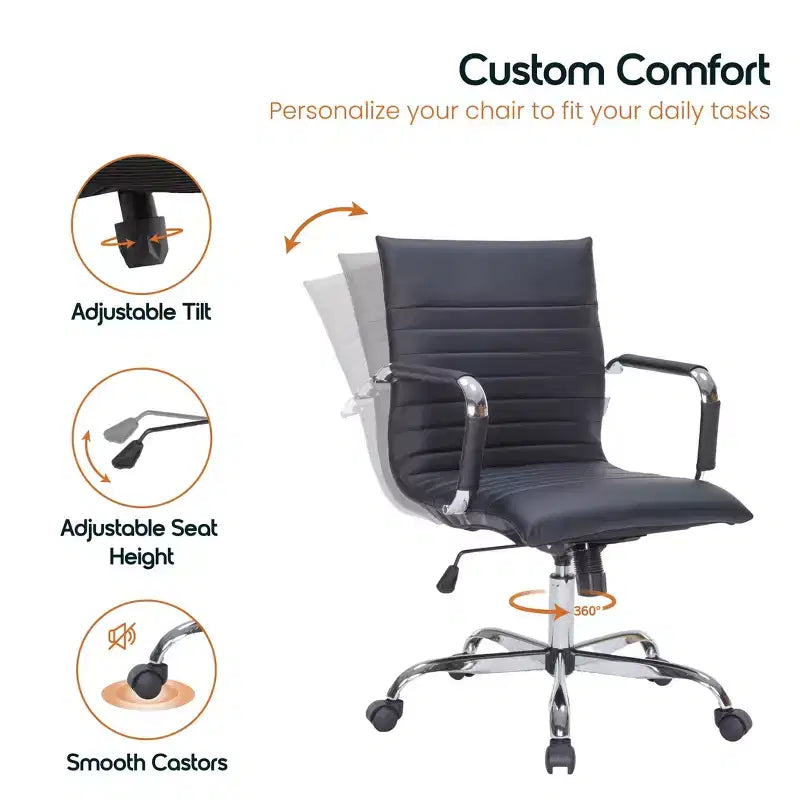 Chaise de bureau LeisureMod Harris dossier mi-hauteur, revêtement en cuir avec pivot, inclinaison et base chromée, siège de bureau moderne pour bureau à domicile ou salle de conférence