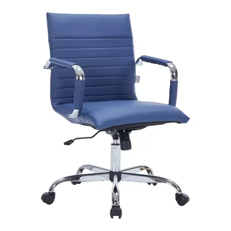 Chaise de bureau LeisureMod Harris dossier mi-hauteur, revêtement en cuir avec pivot, inclinaison et base chromée, siège de bureau moderne pour bureau à domicile ou salle de conférence