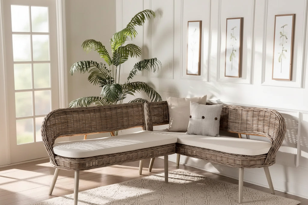 Raisa Modern Bohemian Natural Kubu Rattan and Acacia Wood 2-Piece Dining Nook Banquette Set