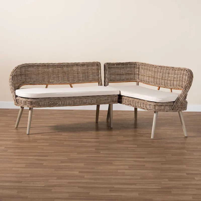 Banquet de coin repas en rotin Kubu naturel et bois d'acacia, style bohème moderne