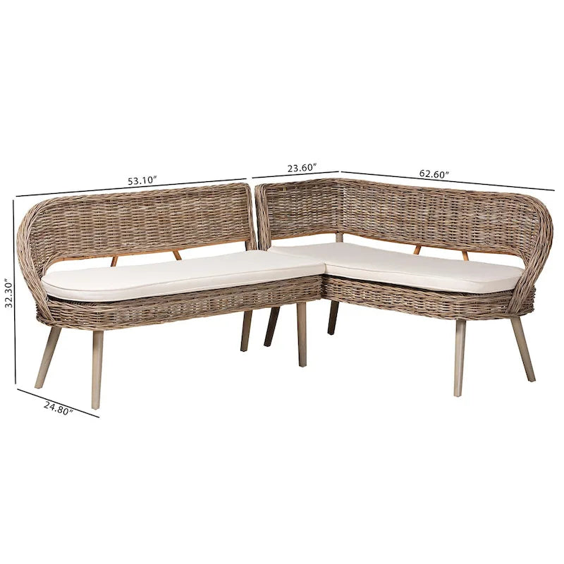 Banquet de coin repas en rotin Kubu naturel et bois d'acacia, style bohème moderne