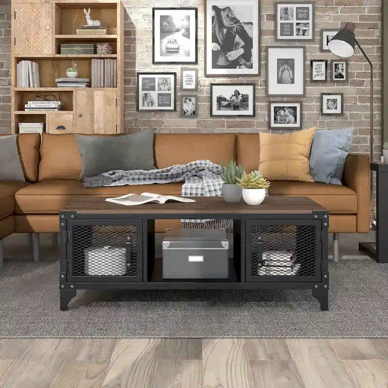 Table basse de rangement Conner en acier noir rustique et noyer foncé de 48 pouces par Furniture of America
