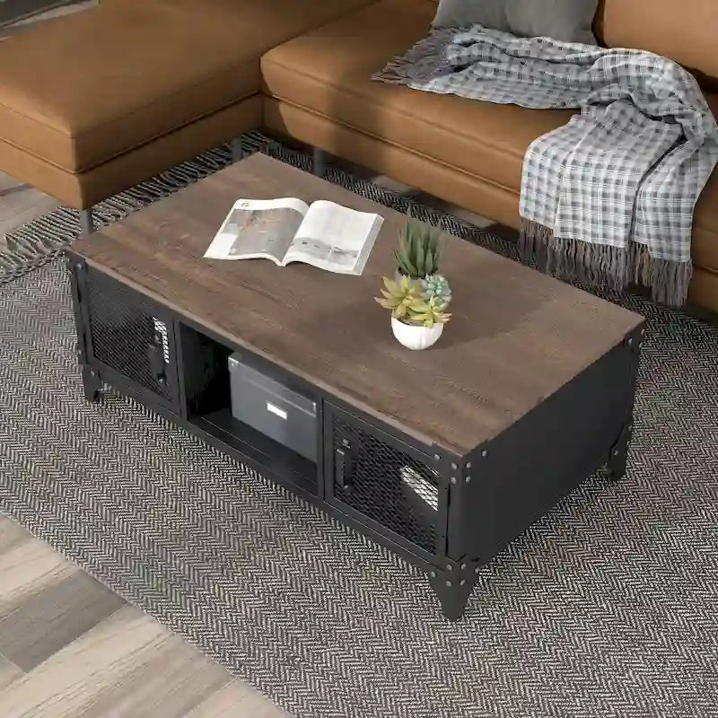 Table basse de rangement Conner en acier noir rustique et noyer foncé de 48 pouces par Furniture of America