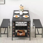 Ensemble de salle à manger Whizmax pour 4 personnes, ensemble table de cuisine pour 4 personnes avec 2 bancs, ensemble table de salle à manger rectangulaire avec casier à vin pour petit appartement
