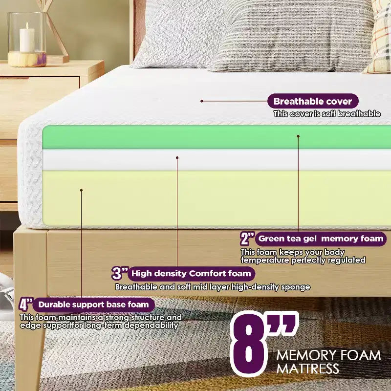 Matelas en mousse à mémoire de forme au thé vert FDW 8 pouces, infusion de gel rafraîchissant, sans fibre de verre/certifié CertiPUR-US/livré en boîte, blanc