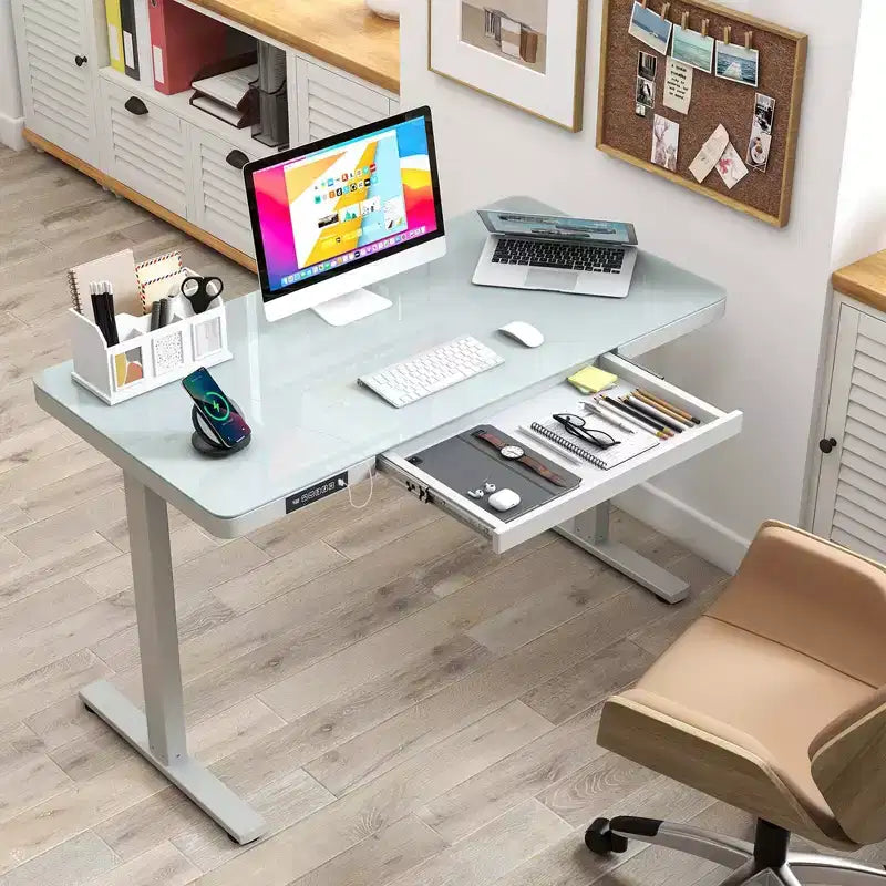 Bureau debout Costway 48 x 24 en verre monobloc avec tiroirs et plateau en verre trempé inscriptible Noir/Blanc