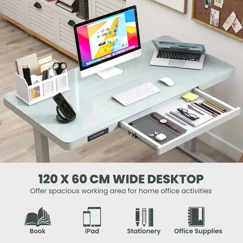 Bureau debout Costway 48 x 24 en verre monobloc avec tiroirs et plateau en verre trempé inscriptible Noir/Blanc