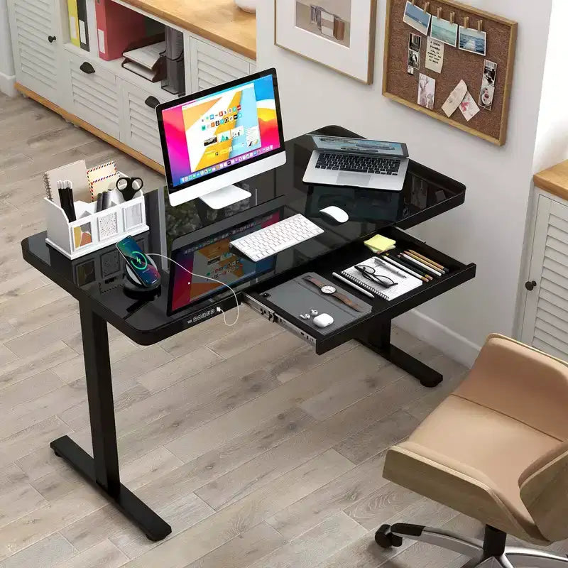 Bureau debout Costway 48 x 24 en verre monobloc avec tiroirs et plateau en verre trempé inscriptible Noir/Blanc
