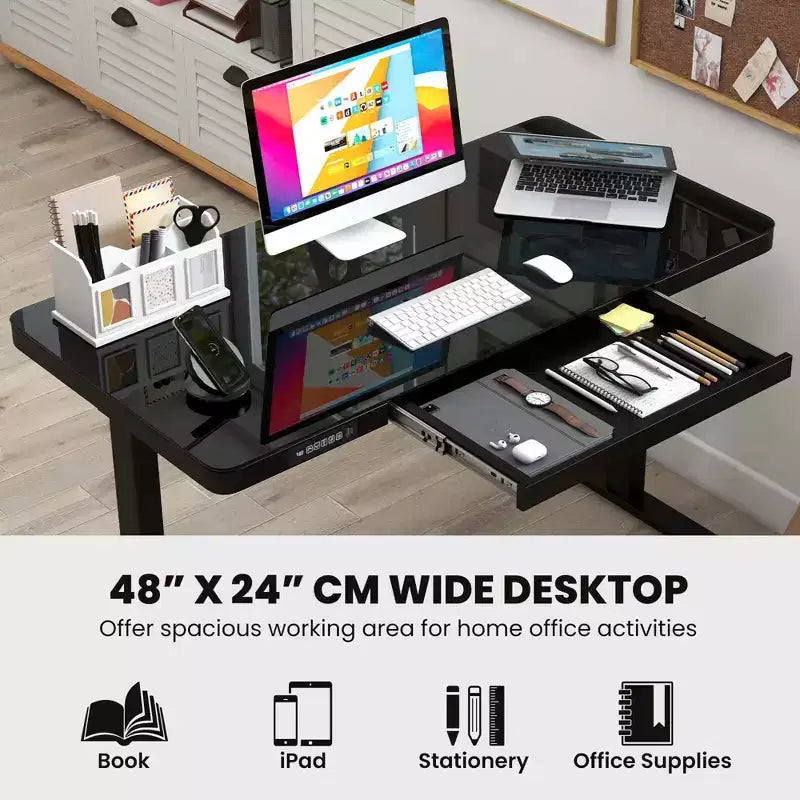 Bureau debout Costway 48 x 24 en verre monobloc avec tiroirs et plateau en verre trempé inscriptible Noir/Blanc